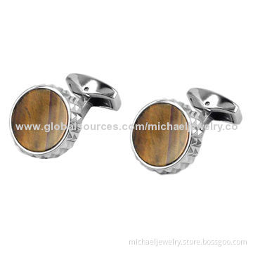 Stainless Steel Cufflinks with Tiger's Eye, Concise and Elegant